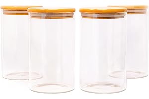 LG Luxury & Grace Set 4 Barattoli di Vetro, 1,15 L (17,5x10 cm). Vasetti Cucina con Coperchio di Bambù. Contenitori Ermetici per Alimenti con Anello in Silicone. Barattoli con Etichette e Marcatori.