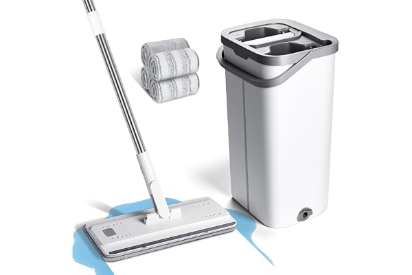 Masthome Balai Plat Microfibre 140cm et Seau Essoreur, Serpillière Plat Rotative 360° avec 4 Serpillères Réutilisables, Vadrouille de Mains Libre pour Sols Bois, Stratifiés, Carrelage et Marbre