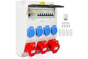 Gimisgu Répartiteur mural avec disjoncteur et répartiteur de courant FI,5 broches avec 4 prises Schuko et prise CEE 16/32 A pour l'intérieur et l'extérieur