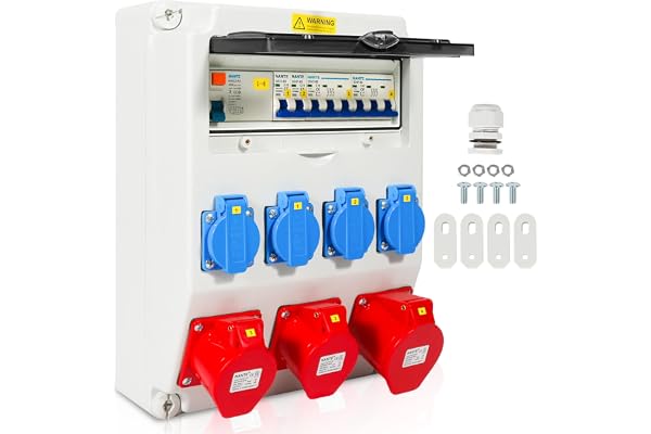 Daromigo Coffret Électrique de Chantier, 4x230V+2x16A CEE+1x32A 400V CEE, 5 pôles distributeur de courant de chantier, Distribution de courant avec disjoncteur, pour intérieur extérieur