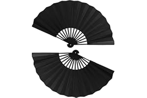 Wancala Hand Fan Folding,Fabric Hand Fan,2 Pcs Black Folding Fan,Chines/Spanish Handheld Fans for Dancing Cosplay Props Wedding Party Home Decorations Birthday Gifts (Black-2Pcs)