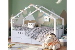 Bellabino Bela Hausbett 80x160 cm für Kinder mit Rausfallschutz & 2 Schubladen, weißes Kinderbett, Kleinkinderbett und Jugendbett aus Kiefer Massiv Holz für Mädchen & Jungen inkl. Lattenrost