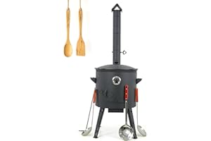 ‎ZARENHOFF Utschak Feuerofen mit Thermometer Gusseisen Topf Kazan runder Boden mit Deckel (12 L) 2 Schaumlöffel 48 cm Schöpfkelle 48 cm Löffel und Spatel 35 cm, Учаг, Camping, Kasan, Dutch Oven (Set 5)