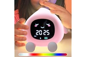 SunnyOcean Kids Alarm Clock with Night Light, Toddler Sleep Trainer Clock with White Noise, Rechargeable Digital Clock for Girls & Boys, Peach