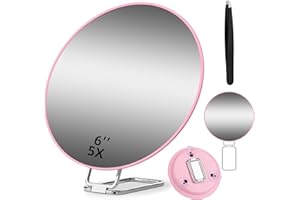 ‎JADAZROR JADAZROR 5-Fach Lupenspiegel mit 3 Saugnäpfeln und 360 ° Einstellbarer Ständer, 15cm kompaktes Make-up-Spiegel mit 5-facher Vergrößerung, Handheld-Reise-Lupe-Spiegel mit Pinzetten
