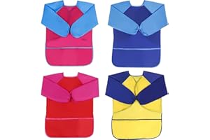 UptVin 4 Pièces Tablier Peinture Enfant, Tablier Imperméable avec Manches Longues Blouse Peinture Enfant de 3 à 8 Ans Blouse En-fant Peinture avec Poches pour Activités Scolaires Pein-ture Cuisine