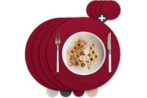 ‎SMØLA smøla 8-teiliges Premium Filz Tischset - Rund inkl. Untersetzer I Platzset Abwaschbar Rot I Platzset Abwischbar, Platzdeckchen Set mit Filzuntersetzer für Teller, Gläser I Tischdeko Winter, Weinrot