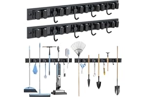 Airminti Porta Scope Parete, Appendi Scope a Muro 2 Pezzi con 5 Posti e 4 Ganci, Rimovibile e staccabile Adesivo portascope da muro appendibile Acciaio Inossidabil per Cucina, Bagno, Garage, Nero