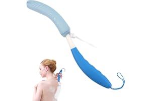 KkaFFe Shower Body Brush Skin Exfoliating Curved Back Scrub Massage Bath Extra Large Handle European and American Hand-Shaped Removable Bold Long Washer (Blue-Blue), 43cm, 1.0 count