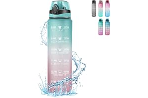 Binudum Borraccia 1 litro senza BPA, in Tritan Sportiva Borraccia con Cannuccia del tempo motivazionale per Palestra, all'aperto, Ciclismo, Scuola e Ufficio (Verde rosa)