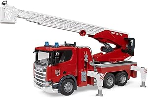 bruder 03591 – Scania Super 560R brandkår fordon med roterande stege, vattenpump, ljus och ljudmodul – 1:16 fordon, brandbil