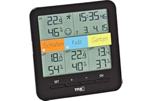 TFA Dostmann Klima Home stacja higrometr radiowy 30.3060.01 z 3 nadajnikami, tworzywo sztuczne, kolor czarny, (dł.) 128 x (szer.) 32 (58) x (wys.) 128 mm