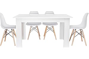 IBERA HOME Pack Mesa de Comedor Color 140x80 cm + 4 Sillas Nordicas Blancas - Diseño Actual, Melamina Color Blanco