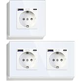 BSEED Schuko USB C 20 W Pack, 1 x 1 Gang Plug + 1 x 2 Gang Plug, USB Type C Socket with Glass Panel, Recessed Power Socket fo