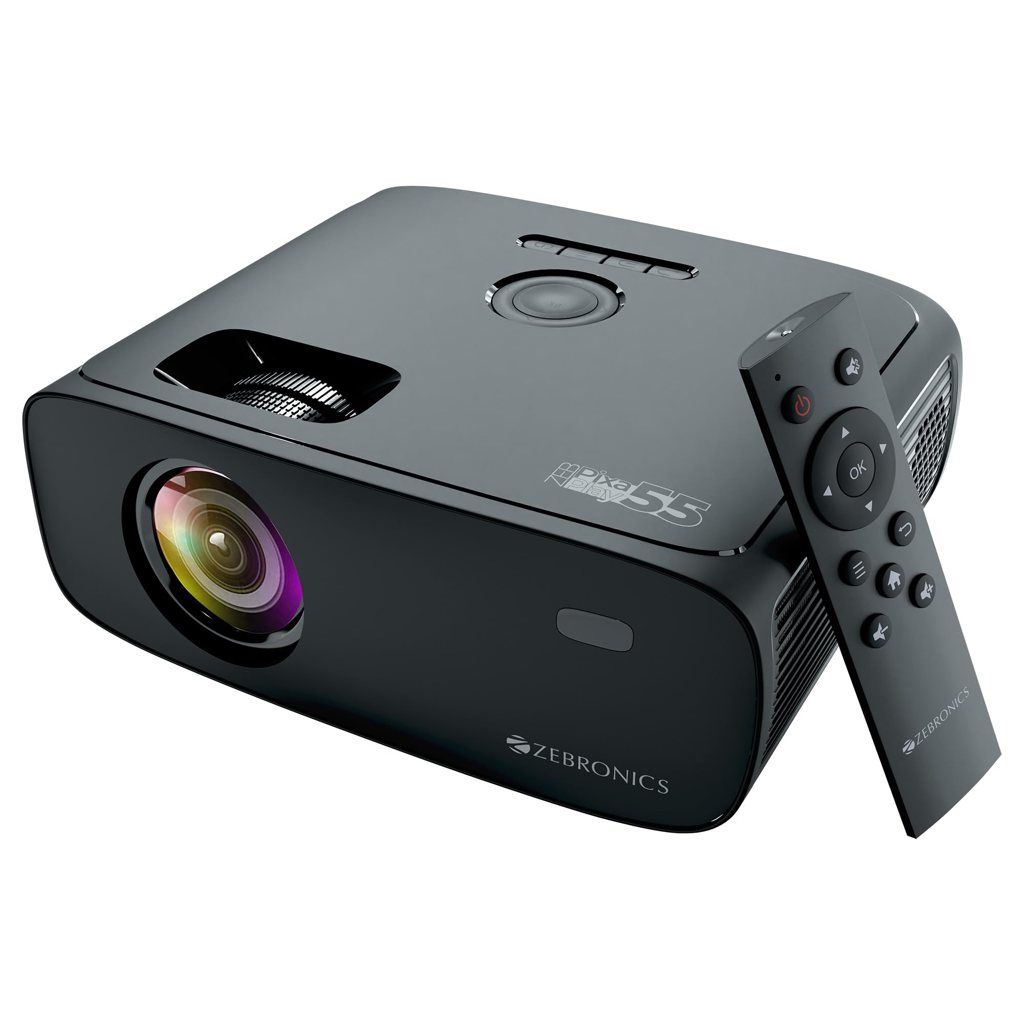 ZEBRONICS New Launch PIXAPLAY 55, Smart Projector, 8000 Lumens, 4K Support, 150 Inch Screen Size, Quad Core Processor, Blueto