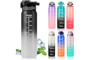 SEASEVEN Sports Water Bottle 1L,Plastic Drinks Bottle,1 Litre Water Bottles with Time Markings,Waterbottle Leak-Proof & Bpa-Free for Gym,Office, Outdoor(No Straw) (Black-White)