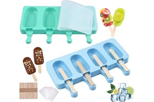 LOSTWRY Lot de 2 Moule à Glace en Silicone, Moule à Crème Glacée 4 Cavités Réutilisables Popsicle Moule Silicone DIY Fait à la Main Crème Glacée pour Enfants et Adultes Avec 50 Bâtons En Bois