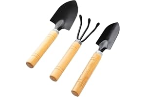LEXETER Mini Garden Tools Set, 3Pcs Gardening Kit with Shovels and Rake, Durable Wood Handle, Black Anti-Rust Coating, Perfect for Potted Plants, Succulents and Flower Plants