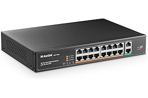 MokerLink 16 Puertos PoE Switch, 2 Gigabit UpLink Puerto , PoE Plus 802.3af/at, 250W de Alta Potencia, Compatible con IEEE802.3af/at, PoE + Plug and Play no administrado de Montaje en Bastidor