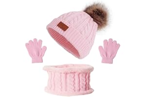 TBSCWYF Gorro de Punto Invierno Térmico con Guantes y Bufanda Forro Polar Niños Set Beanie Gorro Sombrero de Punto Invierno Cálido con Pompon para Niños Niñas