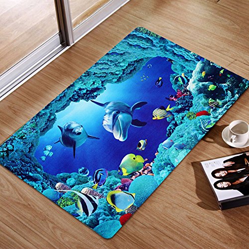 Joyoldelf Badezimmer-Set aus Flanell, rutschfest, 3 Stück, Design „Sea World“, Badezimmer-Set, Badematte + WC-Vorleger + WC-Deckelbezug - 3