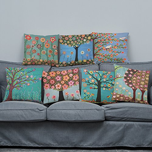 MStar 4 Stück glückliche bunte Bäume gedruckt Muster Kissenbezug 45X45cm Leinen-Baumwoll atmungsaktiv Kissenhülle Kopfkissenbezug (Muster A) - 6
