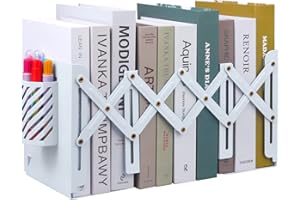 Fermalibri Regolabile in Espandibile Con portapenne, MSDADA Fermalibri in Metallo, Antiscivolo,Retrattile, per Libri, Scrivania,Scuola, Riviste, per Ufficio, Scuola, Biblioteca (bianco)
