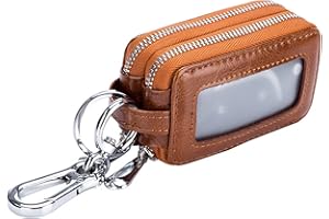 Guolich Car Key Chain Bag Double Zip Leather Protection Key Coin Holder Key Ring with Transparent Window for Car Key Remote Control, Earthy yellow, Erdiges Gelb