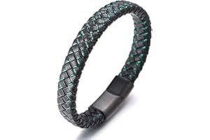 Halukakah Enfants ● Jazz Junior ● Garçons Cuir Véritable Tresse à La Main Noir mélange Bleu/Rouge/Vert Bracelet 6-12 Ans. Fermoir en Magnétique Titane Givré Taille Réglable 18-19.5cm avec Boîte-Cadeau