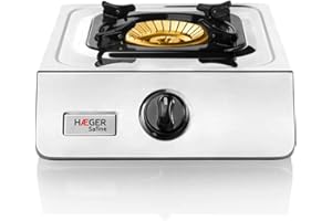HAEGER SAFINE - Cucina a gas con tecnologia brevettata, accensione automatica PIEZO, doppio bruciatore in bronzo con 110 mm, corpo in INOX, piedini antiscivolo e base per grandi pentole