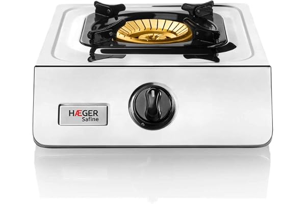 HAEGER SAFINE – gasspis med patenterad teknik, automatisk tändning PIEZO, dubbelbrännare i brons med 110 mm, kropp av INOX, halkfria fötter och fot för stora stekpannor