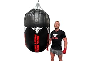 BULL DOZA FIGHT WEAR Bull Doza - Saco de boxeo con forma de bala (capacidad de llenado de 100 kg, cadenas de acero inoxidable giratorias, muy resistente)