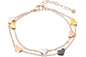 HAOSELL Cavigliera da donna con cuori dell'amicizia e stelle, doppia catena, per donne e ragazze, elegante colore oro rosa, 20 cm, Acciaio inossidabile