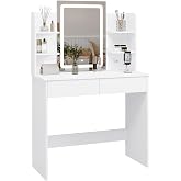 WOLTU Dressing Table with Mirror and LED Light, Makeup Table with 2 USB | 3 Colors and Brightness Dimmable, 2 Drawers, 4 Shel