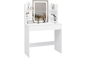 WOLTU Sminkbord med LED-belysning, justerbar ljusstyrka, 2 USB-portar, toalettbord sminkbord med spegel, 2 lådor, 4 öppna hyllor, sminkbord för sovrum, vit MB6112ws