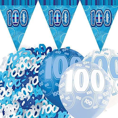 Blue Silver Glitz 100th Birthday Flag Banner Party Decoration Pack Kit Set