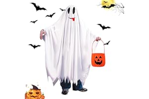 DERAYEE Costume de Fantôme Blanche avec Sac de Citrouille,Déguisement Fantôme d'Halloween avec Capuche pour Enfant Halloween des Bonbons ou Un Sort