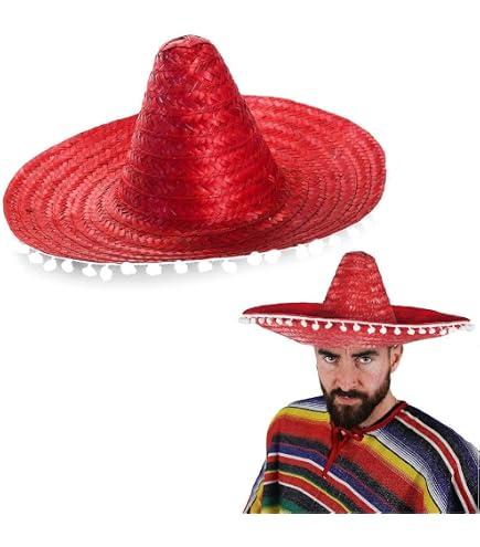 Costume messicano da bambina, accessorio per travestimento – PONCHO MESSICANO + SOMBRERO ROSSO CON POM POM (ROSSO - MEDIO