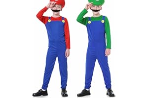 YUUGYD Super Brothers Cosplay Kostüme für Erwachsene Kinder, Halloween Carnival Cosplay Kostüm, Cosplay Kostüm mit Hut und Schnurrbart für Herren Damen Jungen Mädchen, Jungen Grün, S