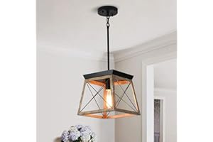 Ganeed Lampada a sospensione da fattoria Gabbia in metallo Lampadario a lanterna rustica regolabile in altezza per cucina Isola Sala da pranzo Camera da letto Foyer E27 Colore legno 1 luce