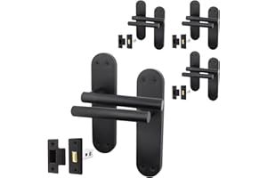 EAI Black Door Handle Latch Set | 4 Pairs of Matt Black Internal Lever Latch T-Bar Handles on Backplate & Latches (64mm) | Oliena Range