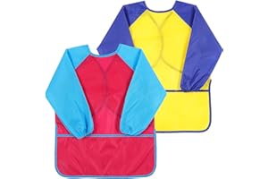 DSLSQD 2 Pack Kids Art Smock, Painting Aprons with Long Sleeve and 3 Pockets Waterproof Artist Painting Aprons for Painting Cooking Eating Arts & Crafts Childs Paint Apron for Children Ages 3-8