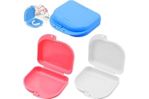 THSIREE 3 PCS Retainer Case Box Container, Denture Box Teeth Tray for Denture, Sport Mouth Guard, Brace, Splint (Pink & White & Blue)