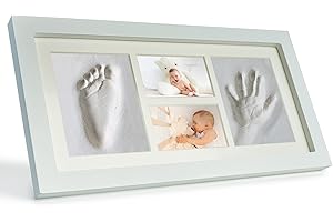 BearTop Empreinte en plâtre bébé main et pied | avec 2 compartiments d'empreinte confortables | cadre photo moderne en bois inclus | avec plexiglas véritable | Garantie de satisfaction (3 ans)*.