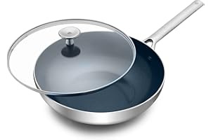 Blue Diamond Cookware Triple Steel Wok Antiaderente in Acciaio Inossidabile in Ceramica da 28 cm/3,6L, Senza PFAS, Multistrato, Induzione, Forno, Lavabile in Lavastoviglie, Argento