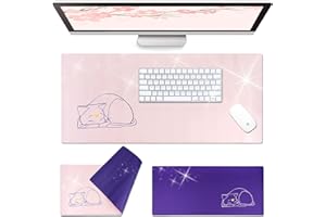 Glopastel Sous-main de bureau motif chat anime lune | Double face rose pastel violet pâle | Tapis de souris imperméable en similicuir | Luna Kawaii mignon pour bureau et ordinateur portable (rose