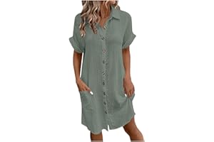 Zeiayuas Cotton Linen Dresses for Women Short Sleeve Button Down Shirts Summer Midi Dress Ladies Beach Loose Solid Color Casual Dresses with Pockets UK Sale Clearance