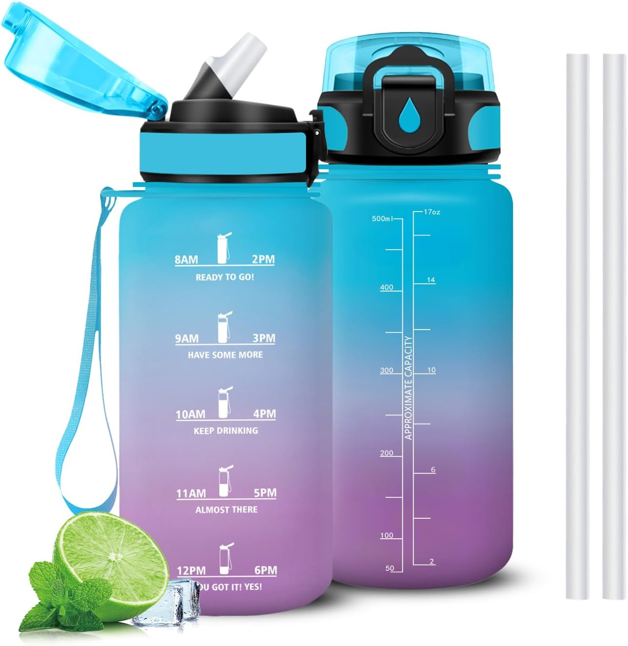 Mujigaga Botella Agua Niños, Portátil Botella Agua 500ml, A Prueba de Fugas Cantimplora con Pajita, Diseño de Cerradura, con Marcador de Tiempo, Cantimplora para Cámping, Exterior, Viaje