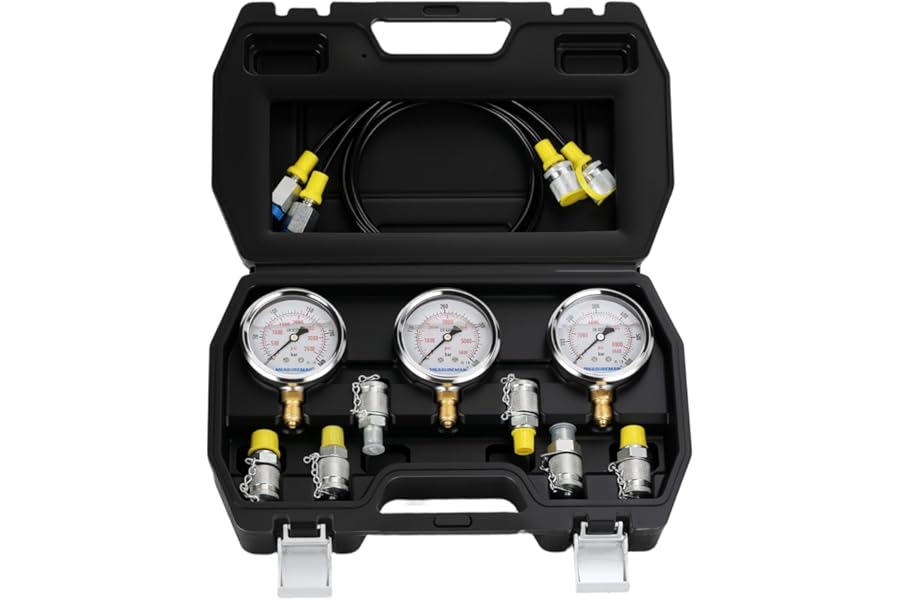 Portable Excavator Hydraulic Pressure Test Kit, Includes 3 Pressure Gauges (250/400/600bar), 2 Hoses, 6 Test Couplings, for Construction Machinery Systems, Packed in Durable Case