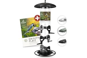 wildtier liebe Körner Futtersäule, Vogelfutterspender 35cm, Schwarz - aus rostfreiem Metall I Vogel-Futterstation, Vogelfutter-Säule, Wildvögel Futtersilo I Ganzjährige Vogelfütterung